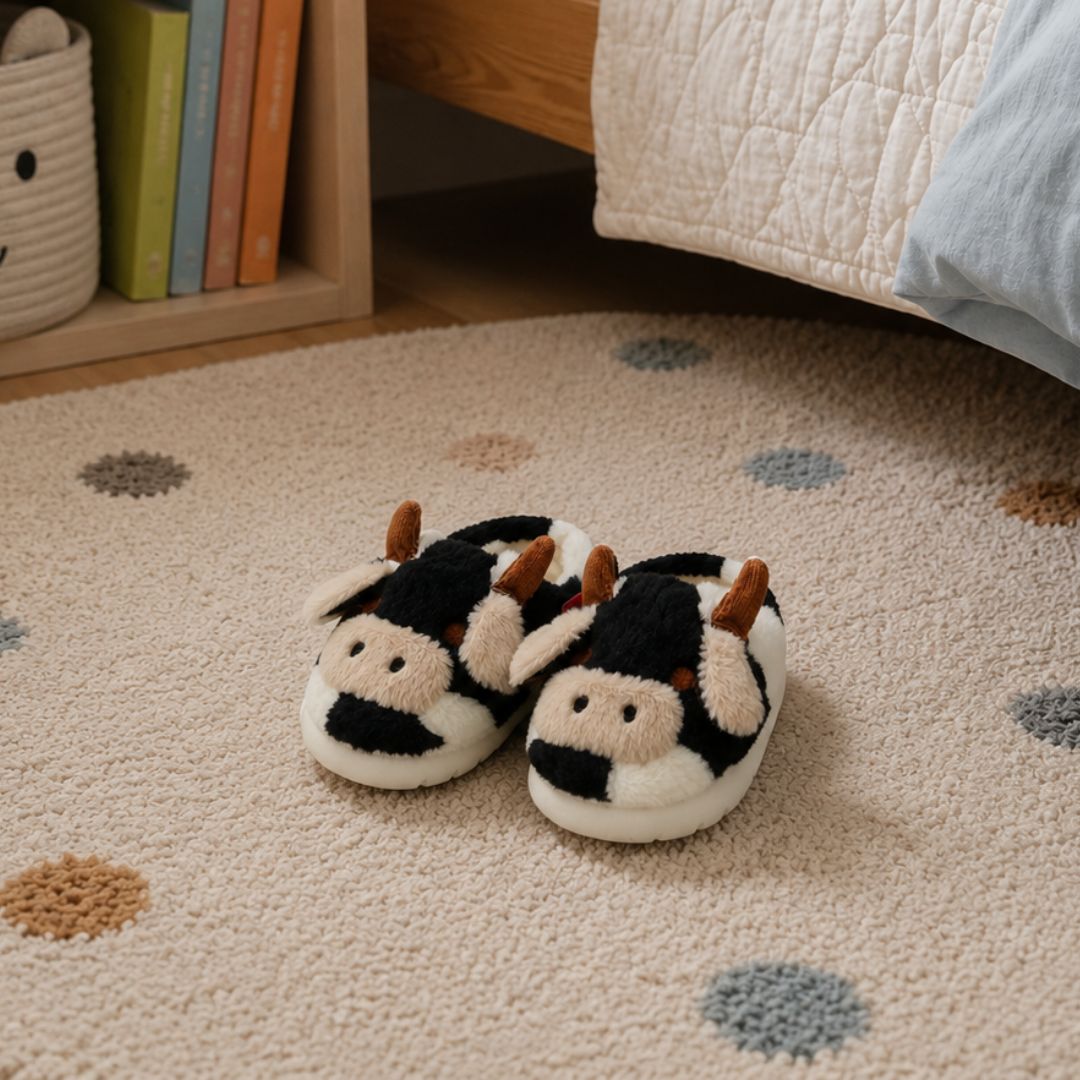Pantufa Infantil Vaquinha Branco Chinelo Unissex Frio Menino Pelucia Inverno Criança Fazenda Aconchegante Menina Antider - Imagem 4