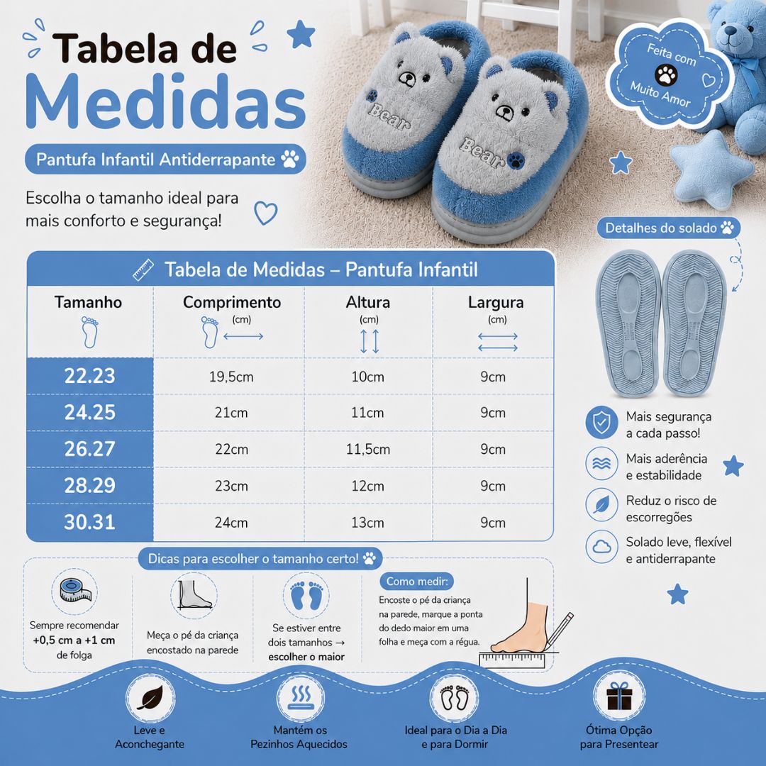 Pantufa Infantil Ursinho Azul Peluciada Menino Frio Quarto Inverno Antiderrapante  Térmica - Imagem 5