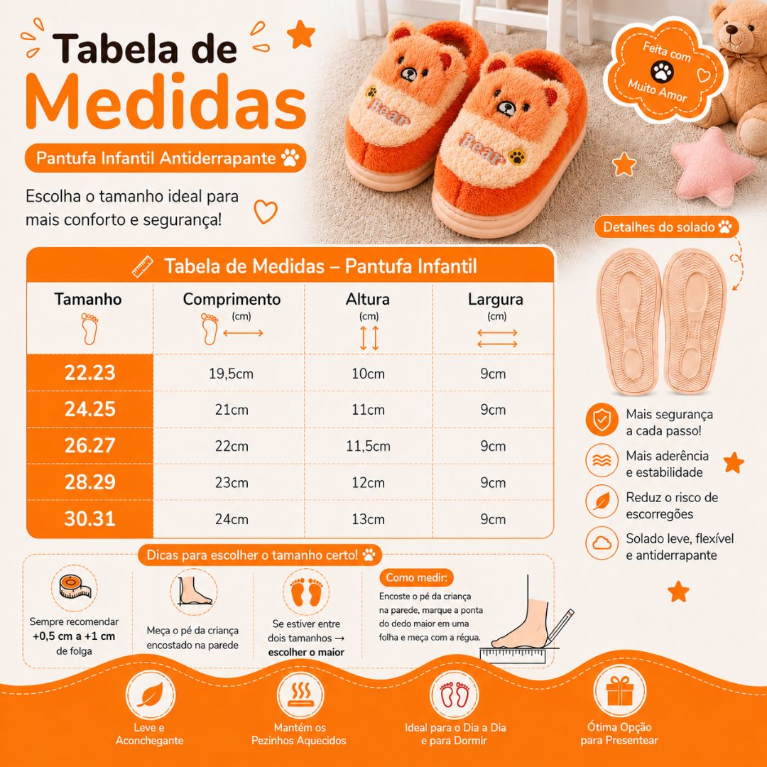 Pantufa Infantil Ursinho Laranja Menina Menino Antiderrapante Peluciada Quarto Inverno Frio Térmica Aconchegante - Imagem 5
