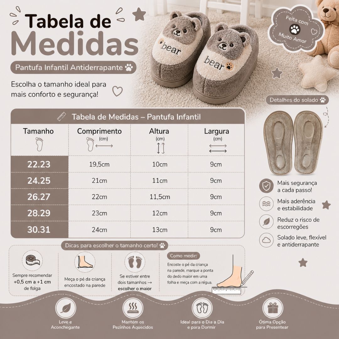 Pantufa Infantil Ursinho Marrom Bear Unissex Antiderrapante Peluciada Quarto Inverno Frio Térmica Aconchegante Chinelo - Imagem 5