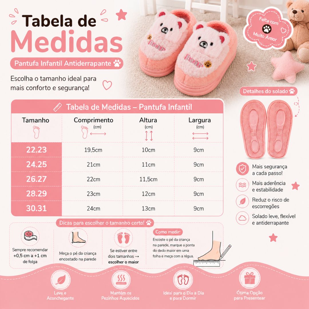 Pantufa Infantil Ursinho Rosa Bear Menina Antiderrapante Peluciada Quarto Inverno Frio Térmica Aconchegante Antiderrapan - Imagem 5