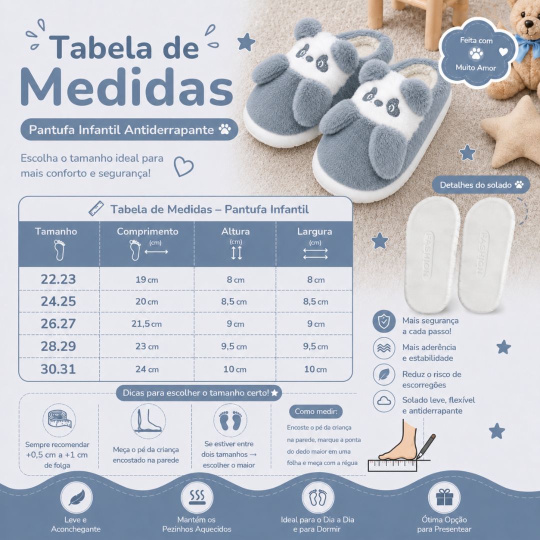 Pantufa Infantil Urso Panda Azul Frio Quarto Inverno Pelucia Menino Criança Aconchegante - Imagem 5