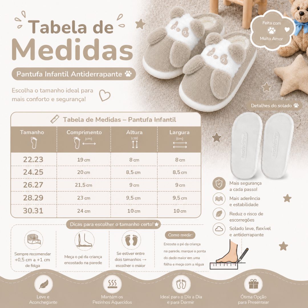 Pantufa Infantil Urso Panda Bege Frio Quarto Inverno Pelucia Menino Criança Aconchegante Térmica - Imagem 5