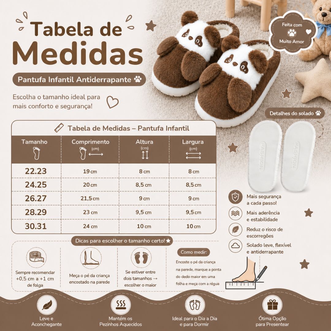 Pantufa Infantil Urso Panda Marrom Frio Quarto Inverno Pelucia Menino Menina Criança Aconchegante Térmica - Imagem 5