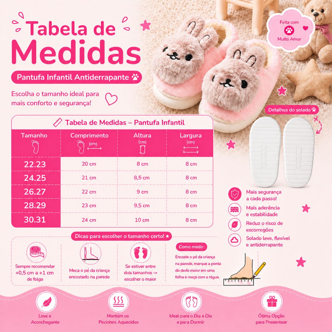Pantufa Infantil Coelho Rosa Criança Quarto Frio Inverno Antiderrapante Pelucia Comfort  Menina - Imagem 5