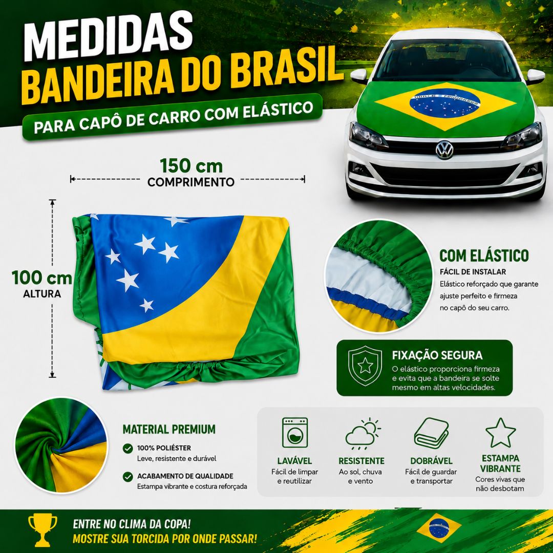 Capa Bandeira Do Brasil Capô De Carro Verde e Amarelo Copa Do Mundo Torcedor Jogo Futebol Torcida Brasileira - Imagem 5