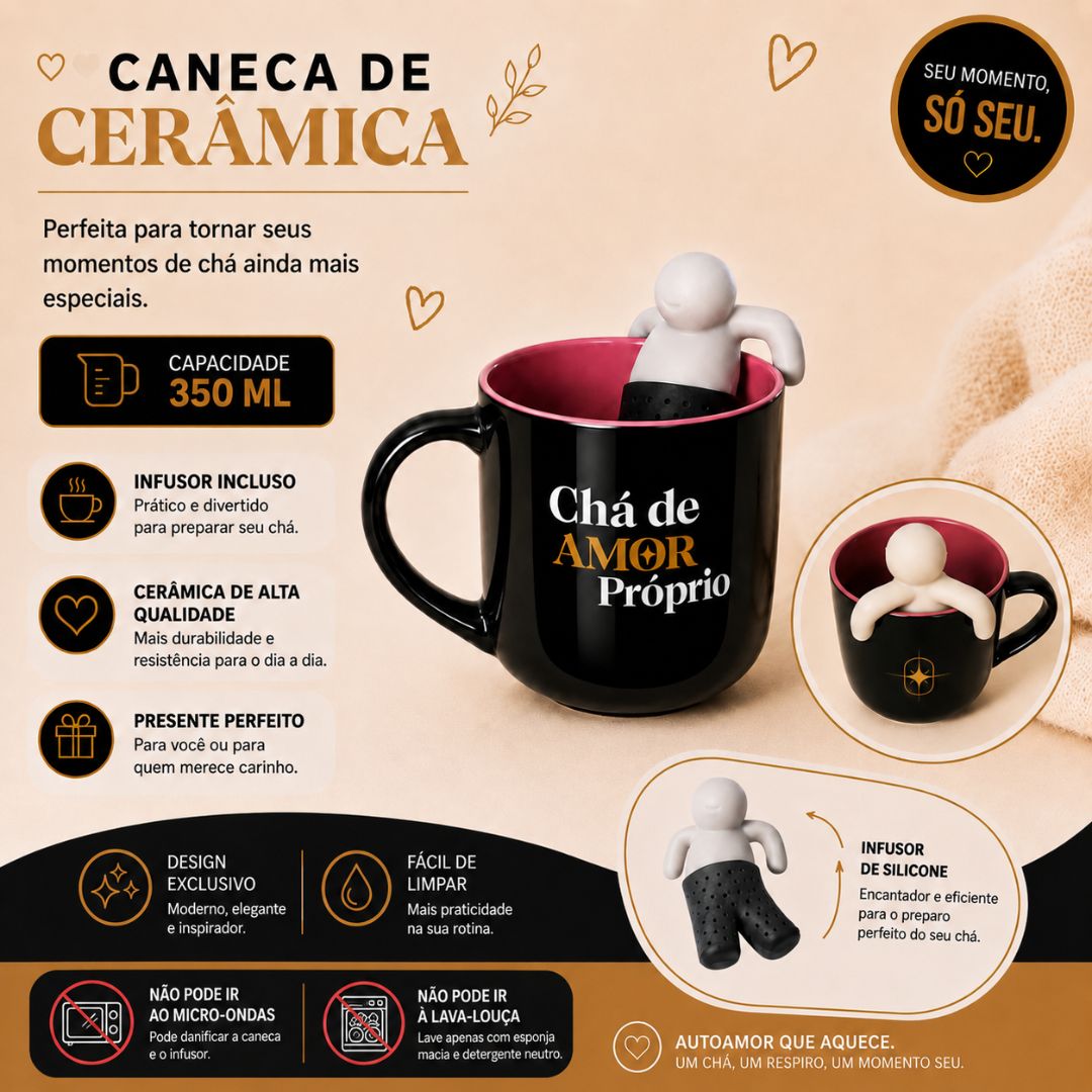 Caneca de Cerâmica 350 ml Com Infusor Frase Chá de Amor Próprio Mãe Amiga Presente Bebidas Quentes Minimalista Charmosa - Imagem 2