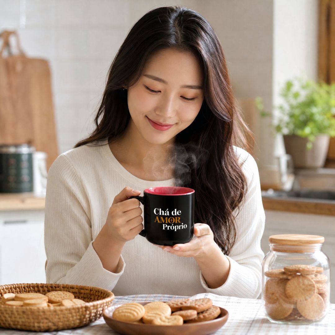 Caneca de Cerâmica 350 ml Com Infusor Frase Chá de Amor Próprio Mãe Amiga Presente Bebidas Quentes Minimalista Charmosa - Imagem 5