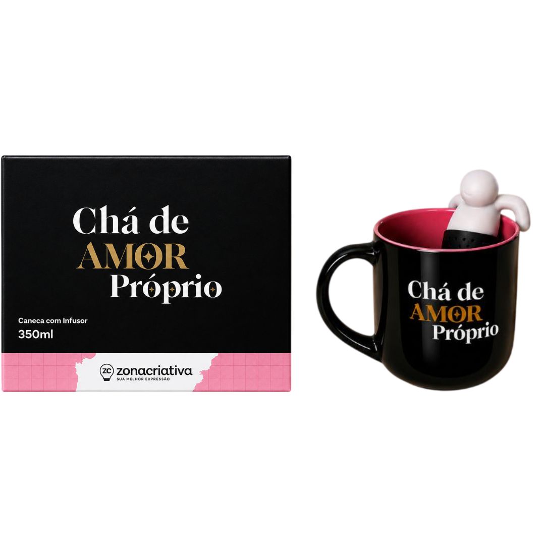 Caneca de Cerâmica 350 ml Com Infusor Frase Chá de Amor Próprio Mãe Amiga Presente Bebidas Quentes Minimalista Charmosa