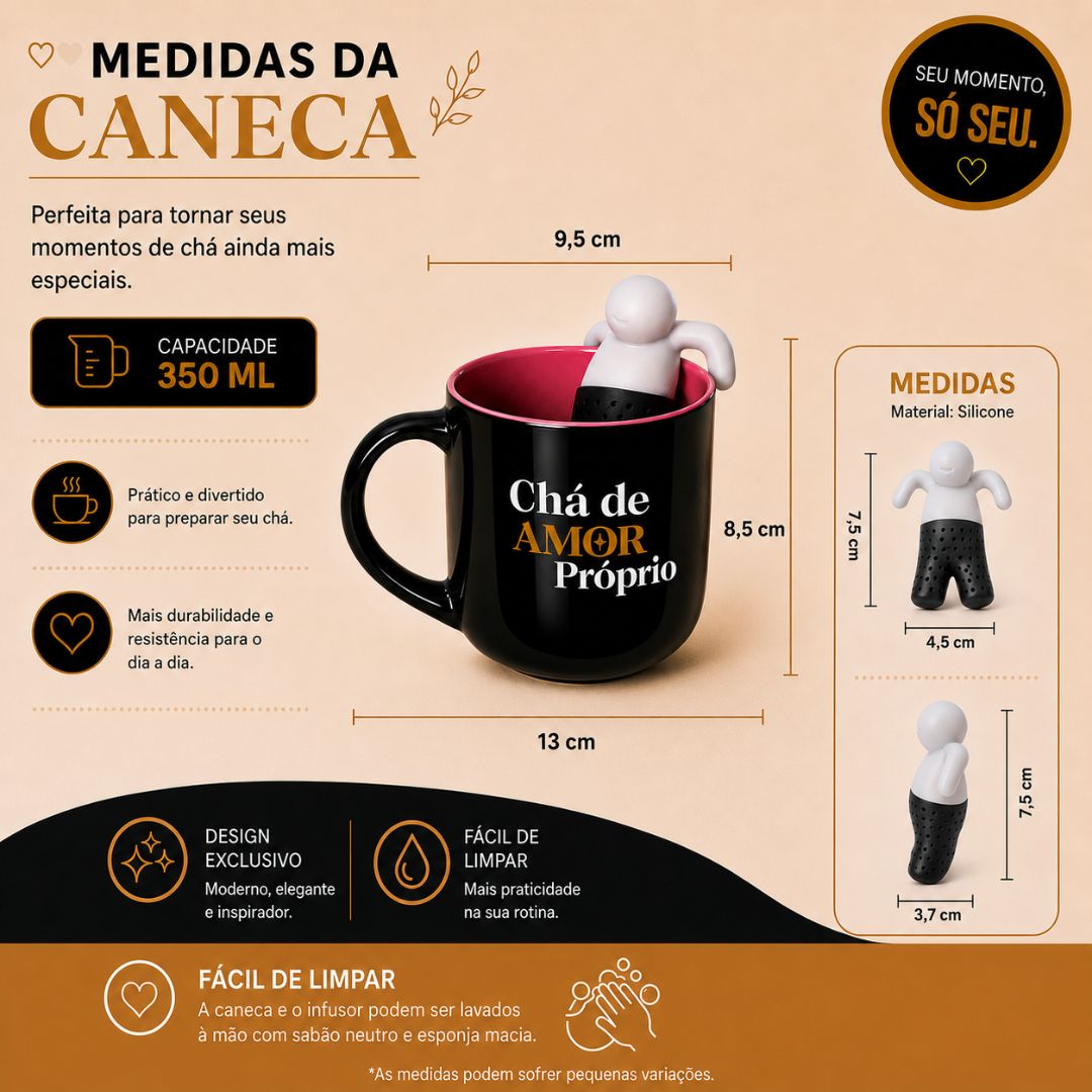 Caneca de Cerâmica 350 ml Com Infusor Frase Chá de Amor Próprio Mãe Amiga Presente Bebidas Quentes Minimalista Charmosa - Imagem 3