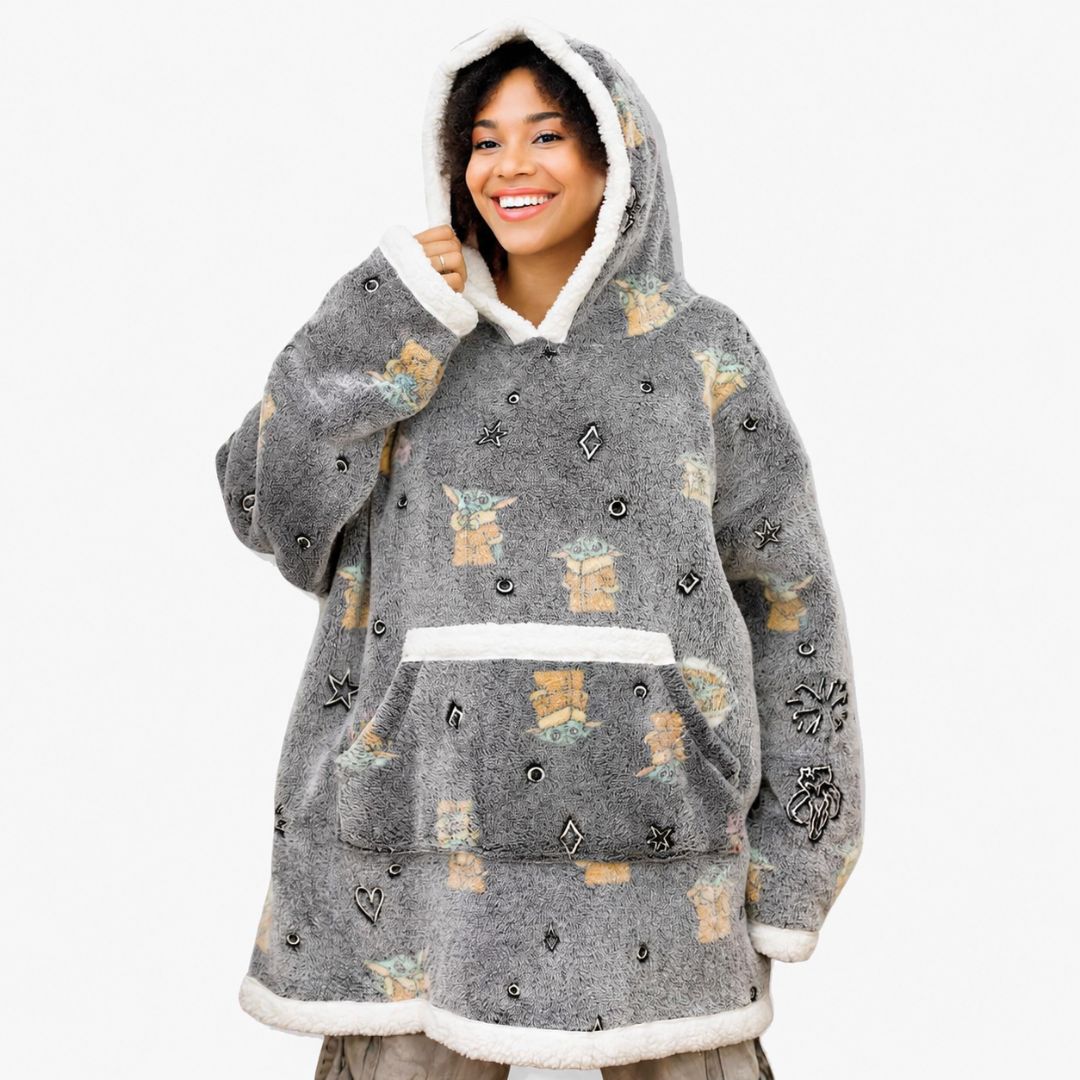 Cobertor Com Mangas Hoodie Adulto Cinza Peluciado Star Wars Baby Yoda Capuz Frio Inverno Quente Presente Aconchegante Co