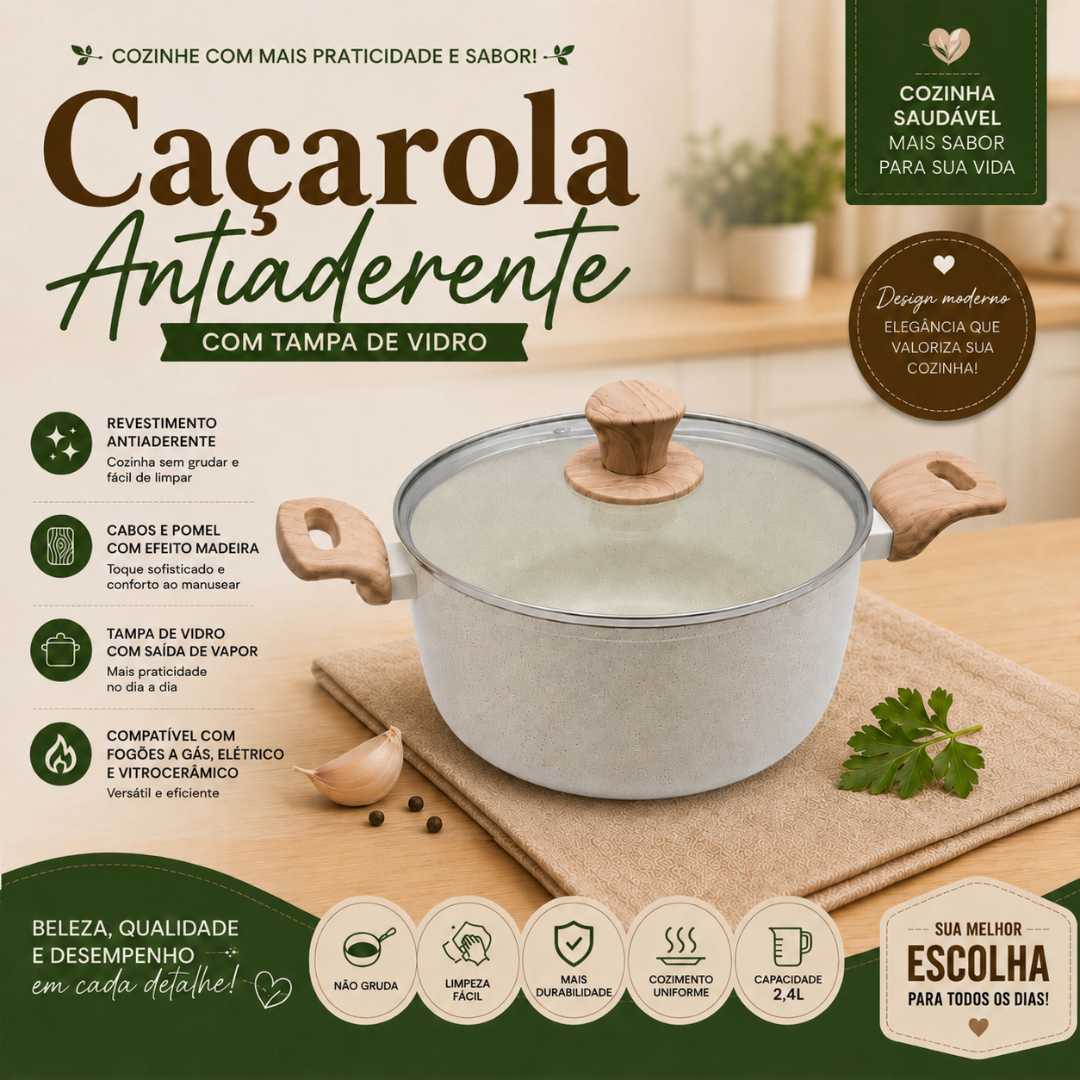 Panela Caçarola Creme Com Tampa Vidro 2,4 Litros 20 X 9,5CM Indução Antiaderente Presente Mãe Jantar Almoço Cerâmica Des - Imagem 2