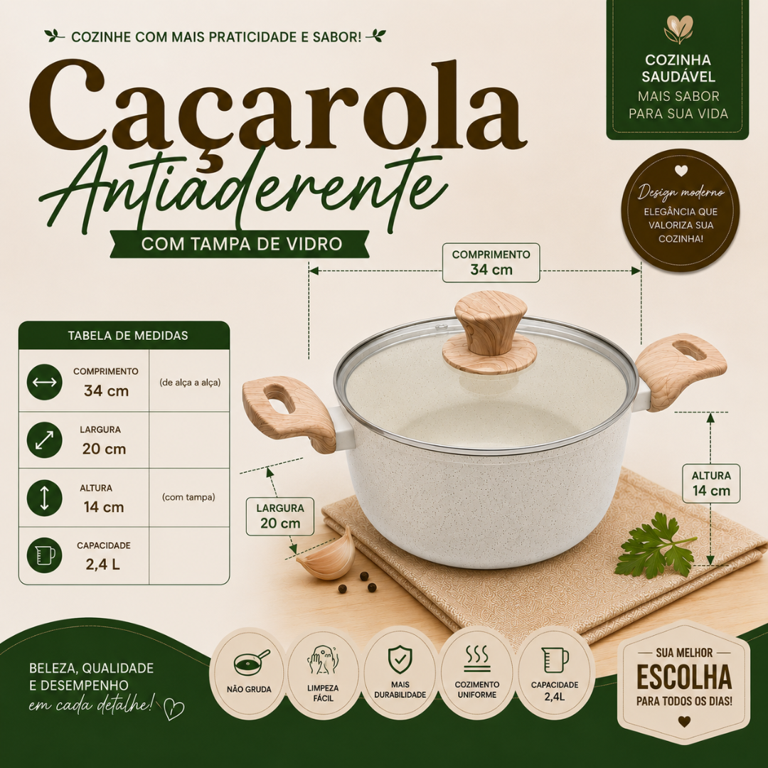 Panela Caçarola Creme Com Tampa Vidro 2,4 Litros 20 X 9,5CM Indução Antiaderente Presente Mãe Jantar Almoço Cerâmica Des - Imagem 5