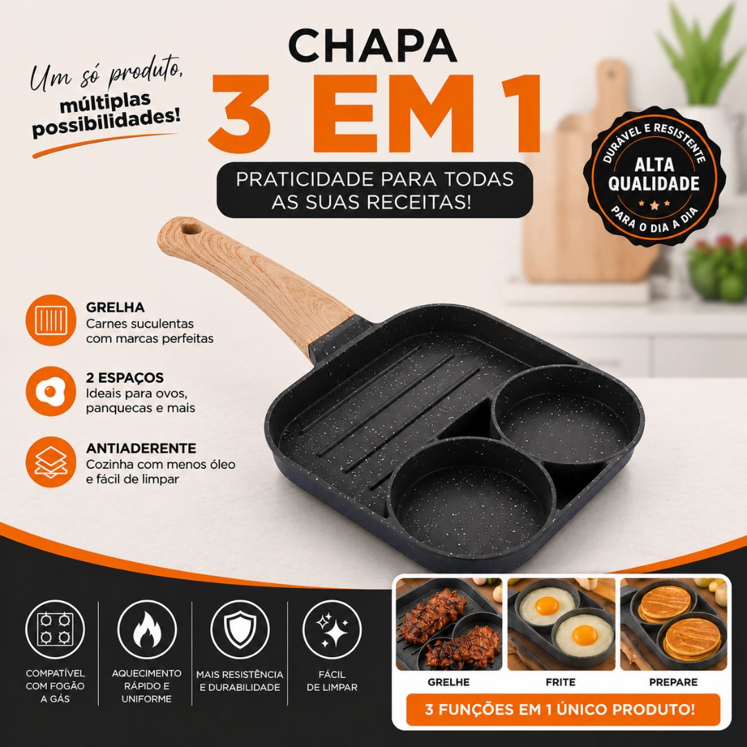 Frigideira Antiaderente Indução chapa 3 em 1 cinza Cozinha Lanche Jantar Almoço Design Moderno Prática - Imagem 2