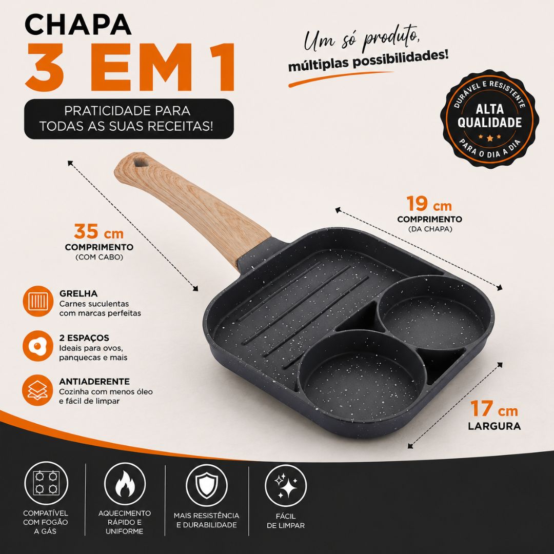 Frigideira Antiaderente Indução chapa 3 em 1 cinza Cozinha Lanche Jantar Almoço Design Moderno Prática - Imagem 3