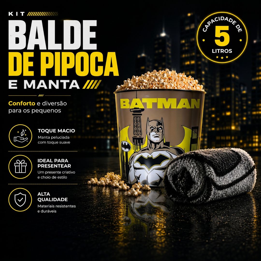 Kit Balde de Pipoca 5L Manta Batman Herói Dc Comics Inverno Frio Filme Cinema Colecionável Presente - Imagem 2