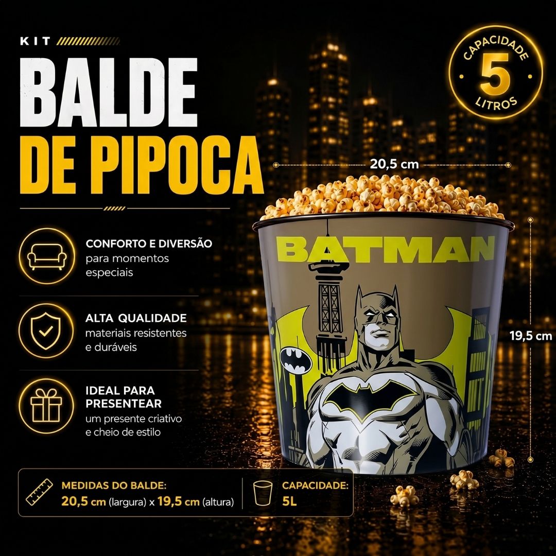 Kit Balde de Pipoca 5L Manta Batman Herói Dc Comics Inverno Frio Filme Cinema Colecionável Presente - Imagem 5