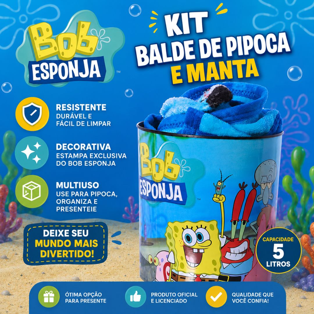 Kit Balde de Pipoca 5L Manta Bob Esponja Patrick Lula Molusco Seu Siriguejo Gary Série Filme Cinema Presente Inverno Fri - Imagem 2