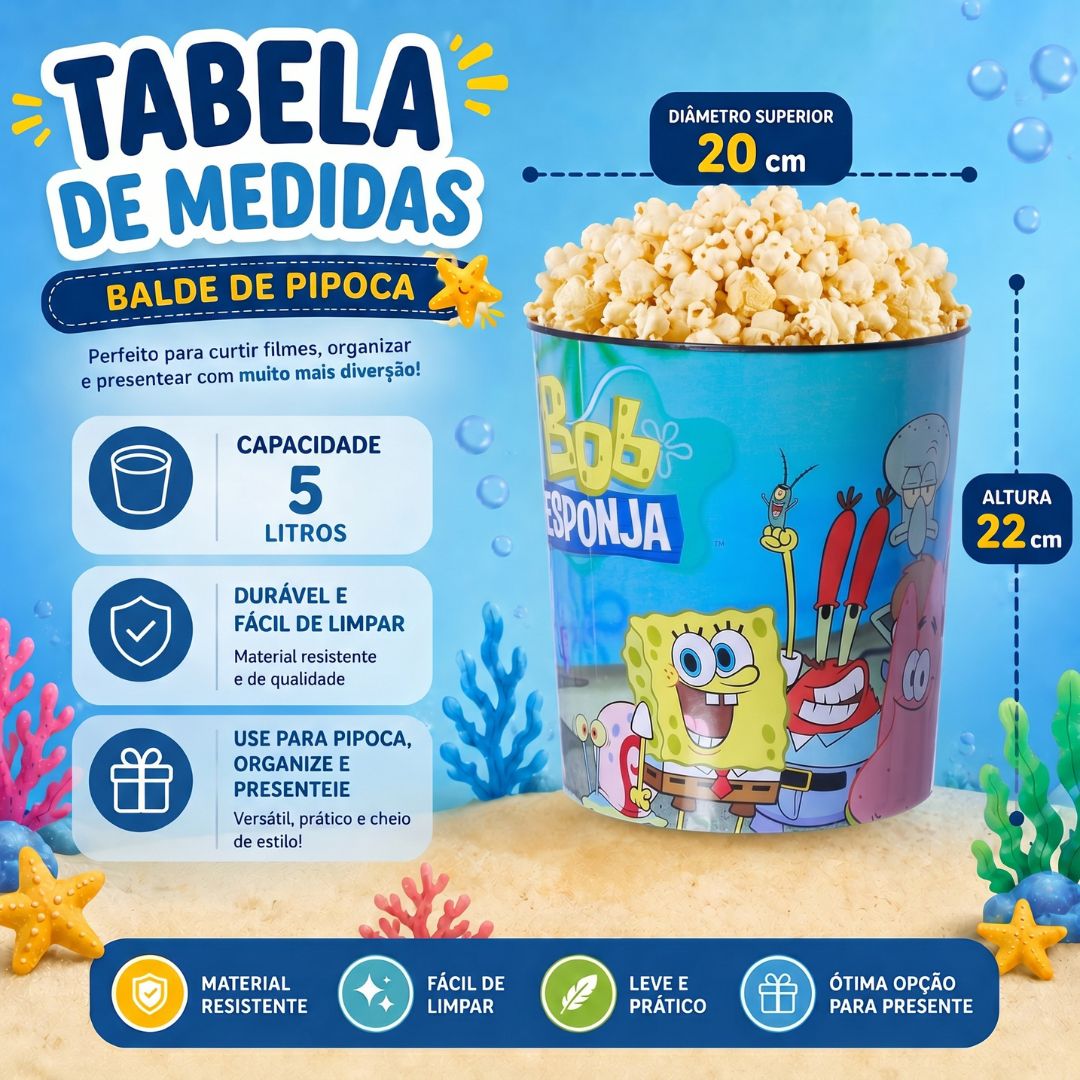 Kit Balde de Pipoca 5L Manta Bob Esponja Patrick Lula Molusco Seu Siriguejo Gary Série Filme Cinema Presente Inverno Fri - Imagem 5