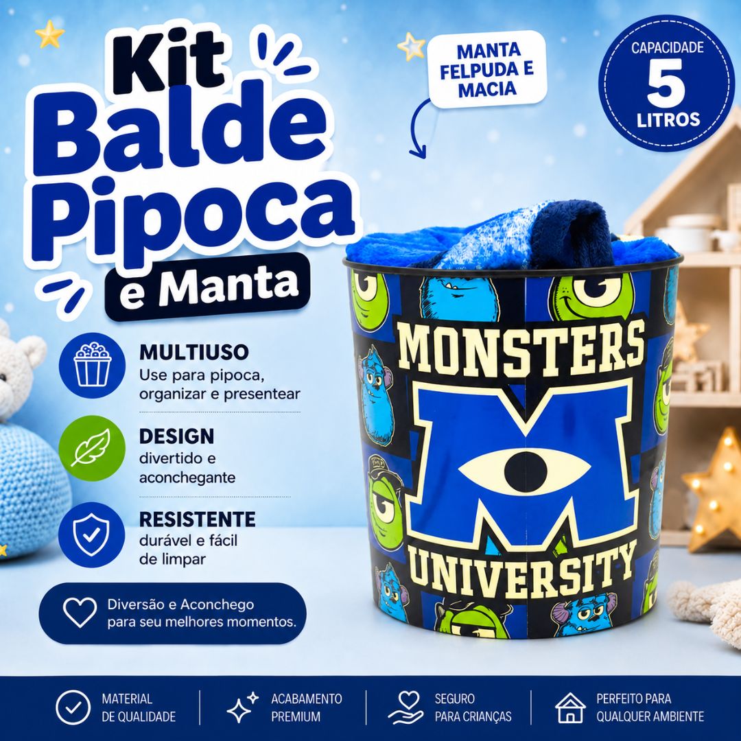 Kit Balde de Pipoca 5L Manta Monstros S.A. Mike Wazowski James P. Sullivan Série Filme Cinema Presente Inverno Frio Cole - Imagem 2