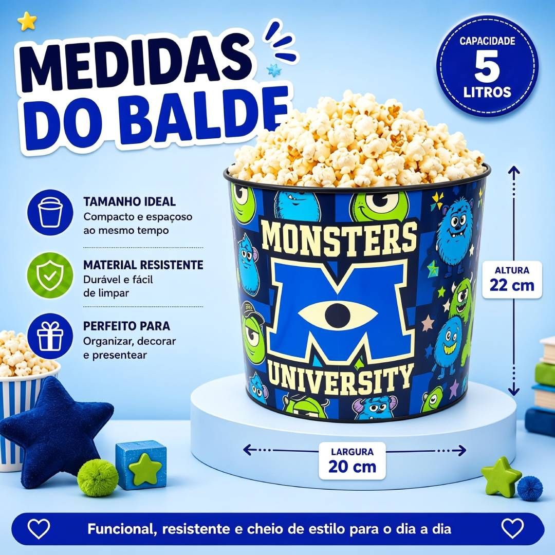Kit Balde de Pipoca 5L Manta Monstros S.A. Mike Wazowski James P. Sullivan Série Filme Cinema Presente Inverno Frio Cole - Imagem 5