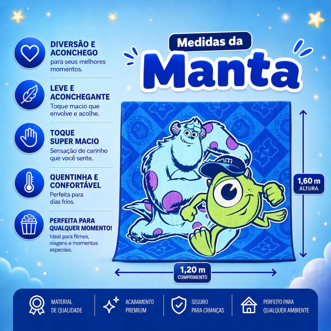 Kit Balde de Pipoca 5L Manta Monstros S.A. Mike Wazowski James P. Sullivan Série Filme Cinema Presente Inverno Frio Cole - Imagem 6