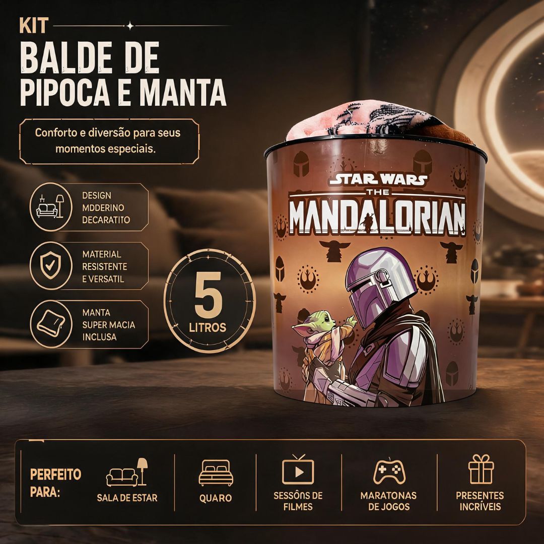 Kit Balde de Pipoca Manta Star Wars Baby Yoda Mandalorian Inverno Frio Filme Cinema Geek Colecionável Presente - Imagem 2