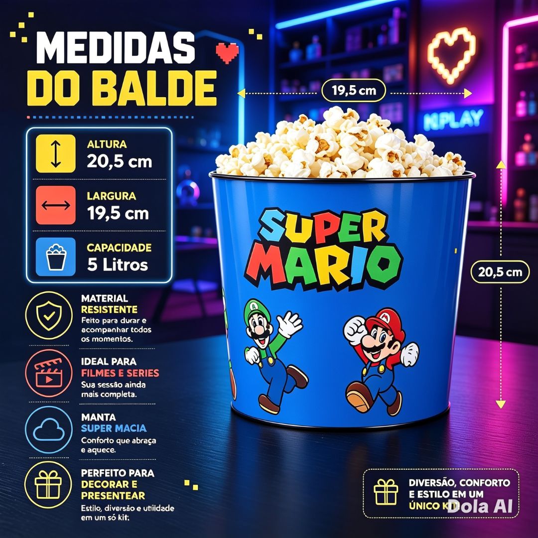Kit Balde de Pipoca 5L Manta Super Mario Bros Luigi Inverno Frio Inverno Quarto Filme Cinema Geek Colecionável Presente - Imagem 5