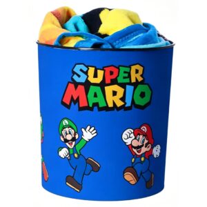 Kit Balde de Pipoca 5L Manta Super Mario Bros Luigi Inverno Frio Inverno Quarto Filme Cinema Geek Colecionável Presente