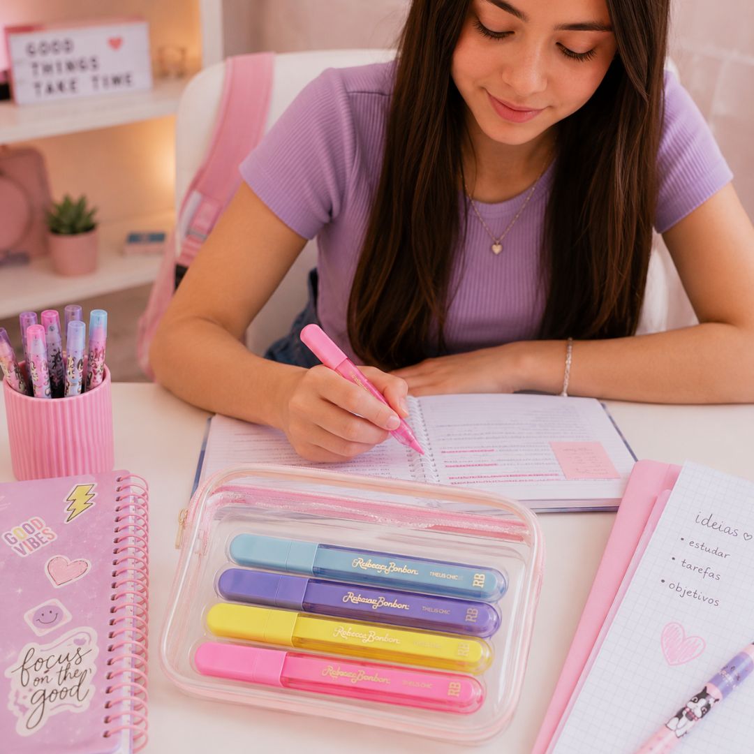 Marca Texto Rebecca Bonbon 4 Cores Escolar Escritório Organização Escolar Estudos Trabalho Anotações Tons Pastel - Imagem 5