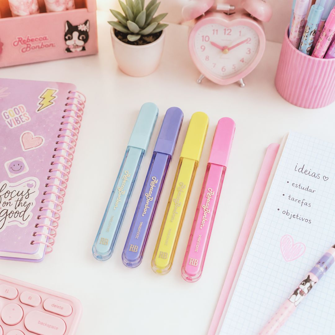 Marca Texto Rebecca Bonbon 4 Cores Escolar Escritório Organização Escolar Estudos Trabalho Anotações Tons Pastel - Imagem 3