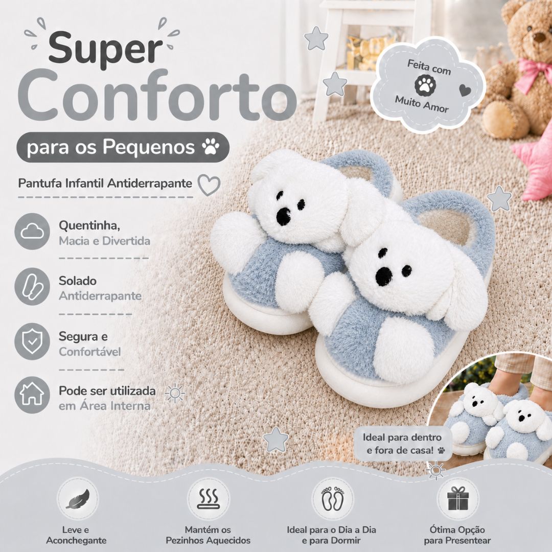 Panfufa Infantil Chinelo Cachorrinho Cinza Criança Quarto Inverno Frio Antiderrapante Peluciada Comfort Menina Menino - Imagem 2