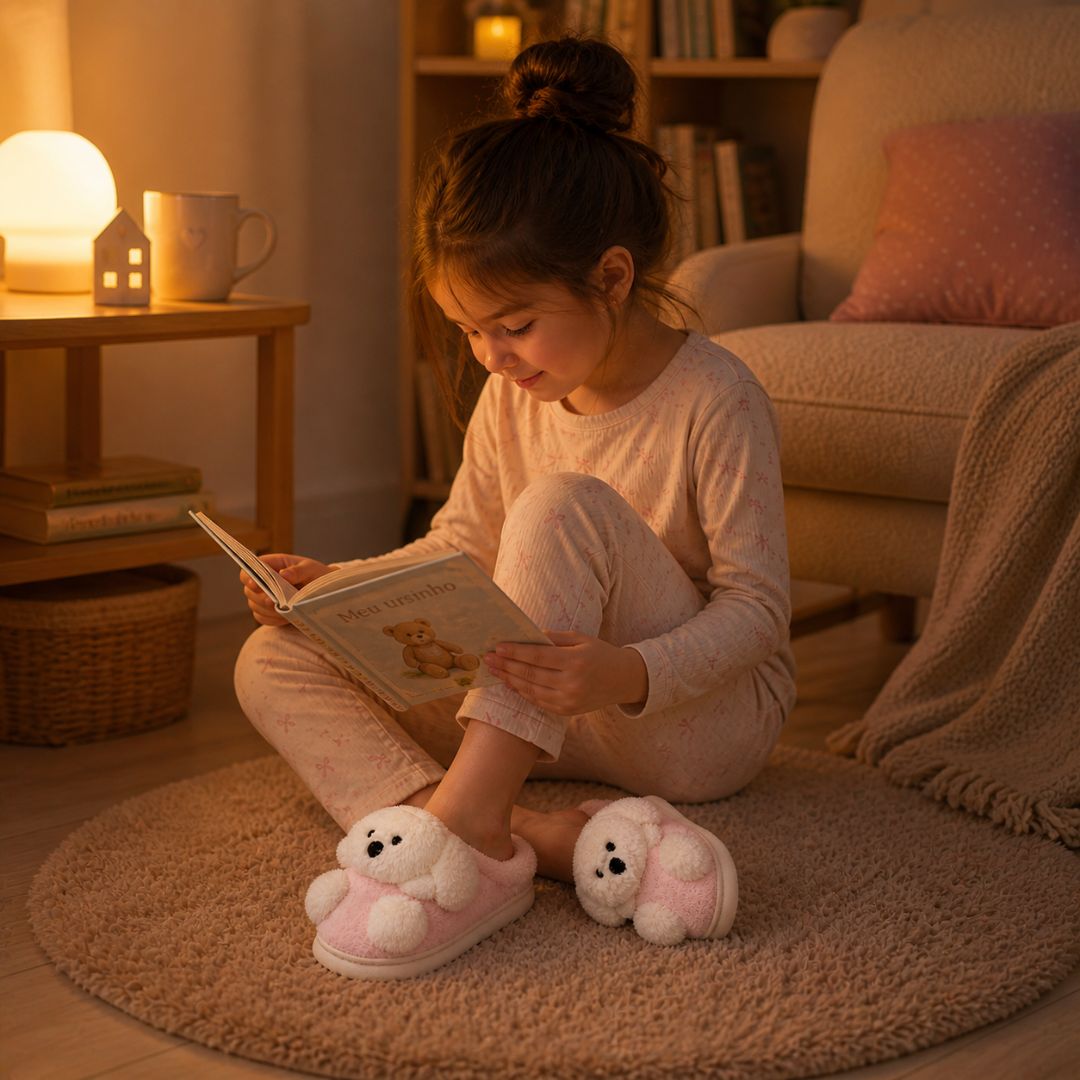 Panfufa Infantil Chinelo Cachorrinho Rosa Criança Quarto Inferno Frio Antiderrapante Peluciada Comfort Menina - Imagem 4