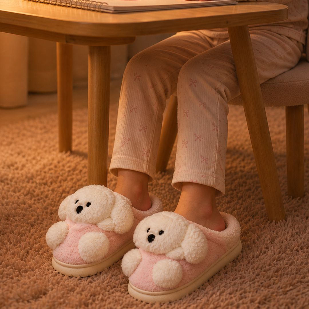 Panfufa Infantil Chinelo Cachorrinho Rosa Criança Quarto Inferno Frio Antiderrapante Peluciada Comfort Menina - Imagem 3