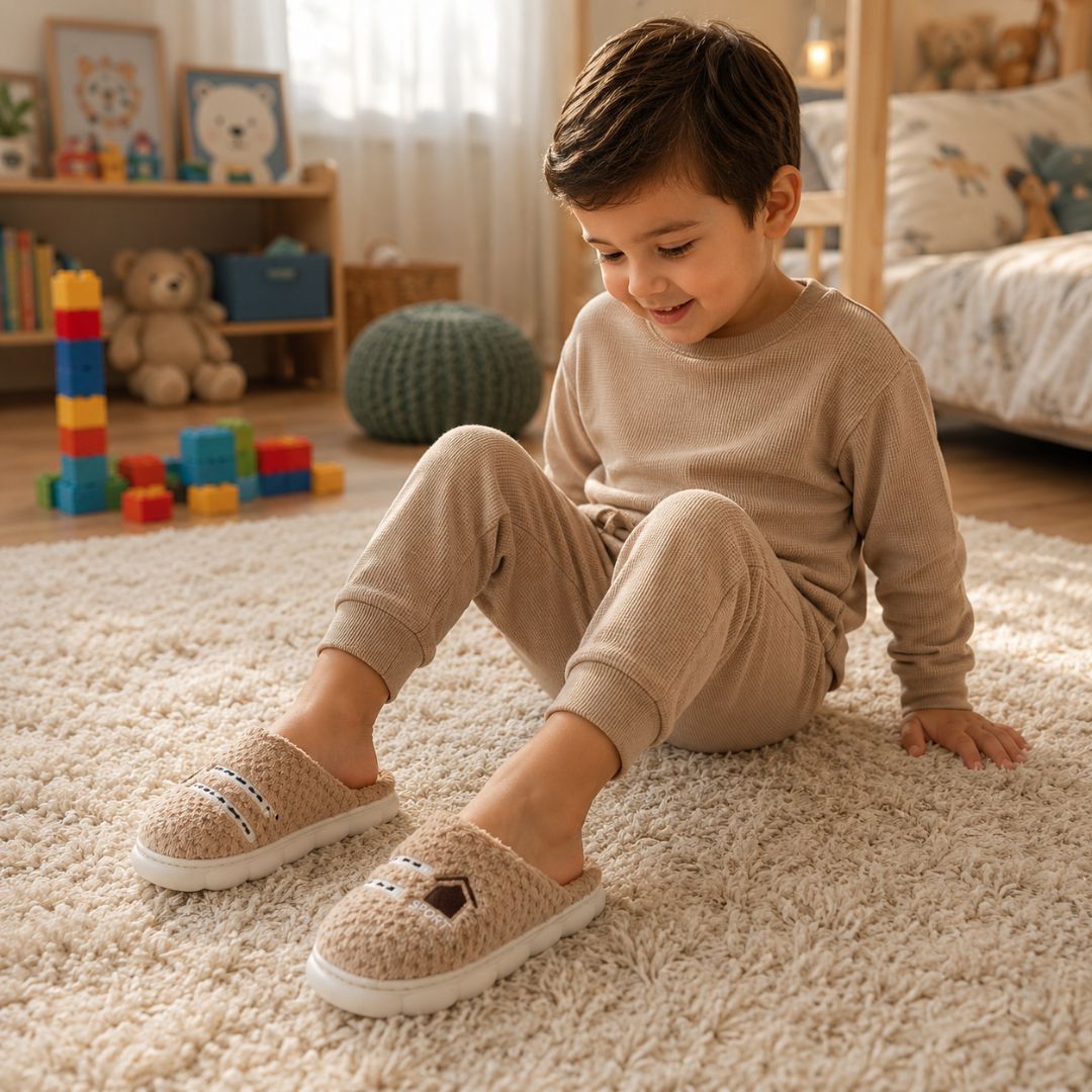 Pantufa Infantil Marrom Sport Frio Pelucia Quarto Chinelo Antiderrapante Térmica Criança - Imagem 3