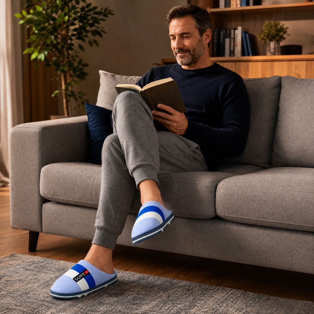 Pantufa Azul Listrada Masculina Inverno Antiderrapante Frio Quarto Confortável Chinelo Pai - Imagem 4