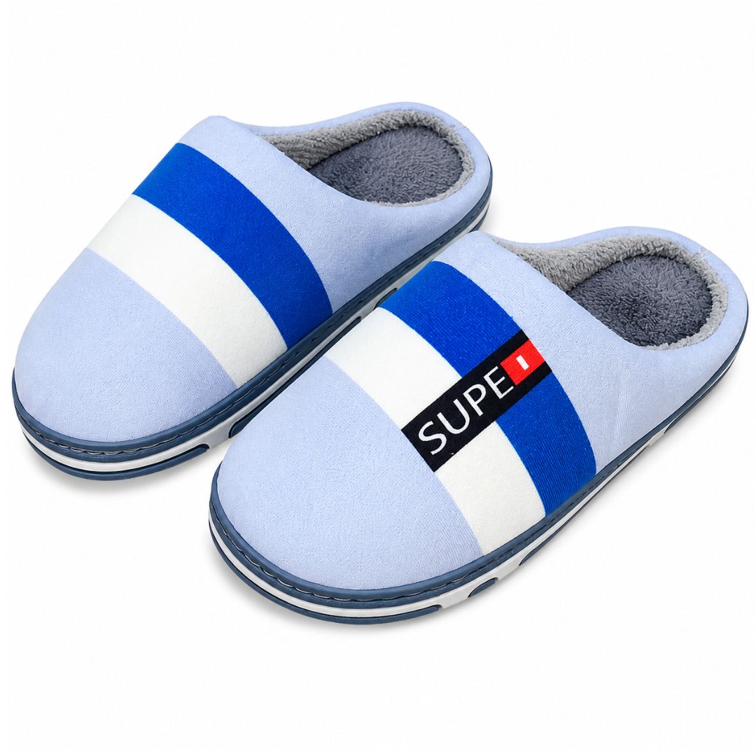 Pantufa Azul Listrada Masculina Inverno Antiderrapante Frio Quarto Confortável Chinelo Pai
