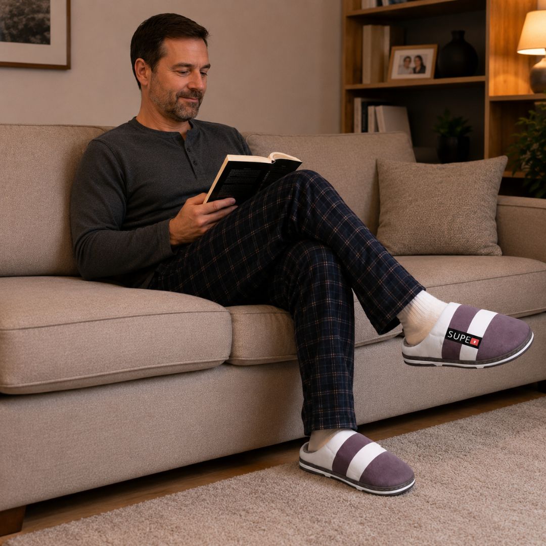 Pantufa Marrom Listrada Masculina Pai Inverno Frio Quarto Comfort Quente Fleece Presente - Imagem 3