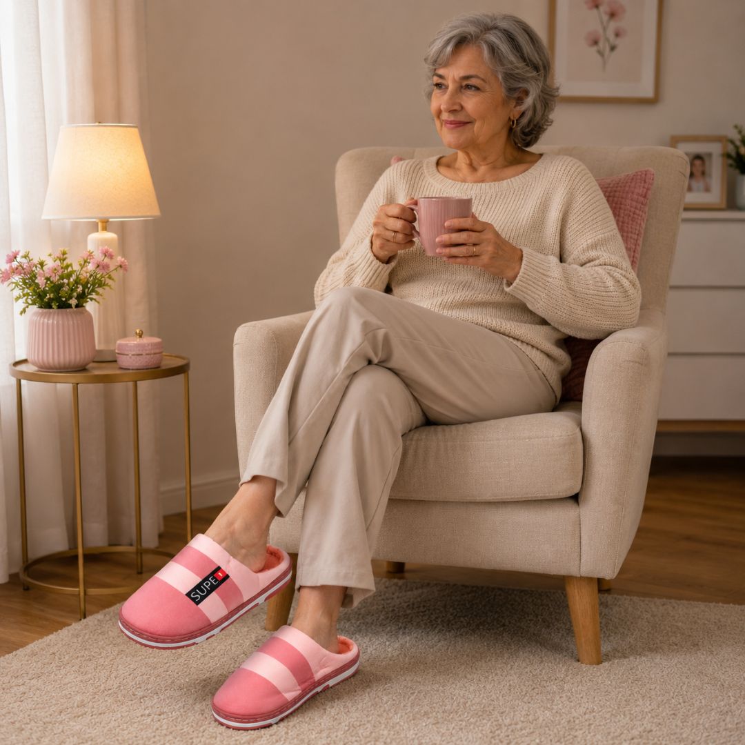 Pantufa Rosa Escuro Listrada Feminina Mãe Inverno Frio Quarto Comfort Quente Fleece - Imagem 4