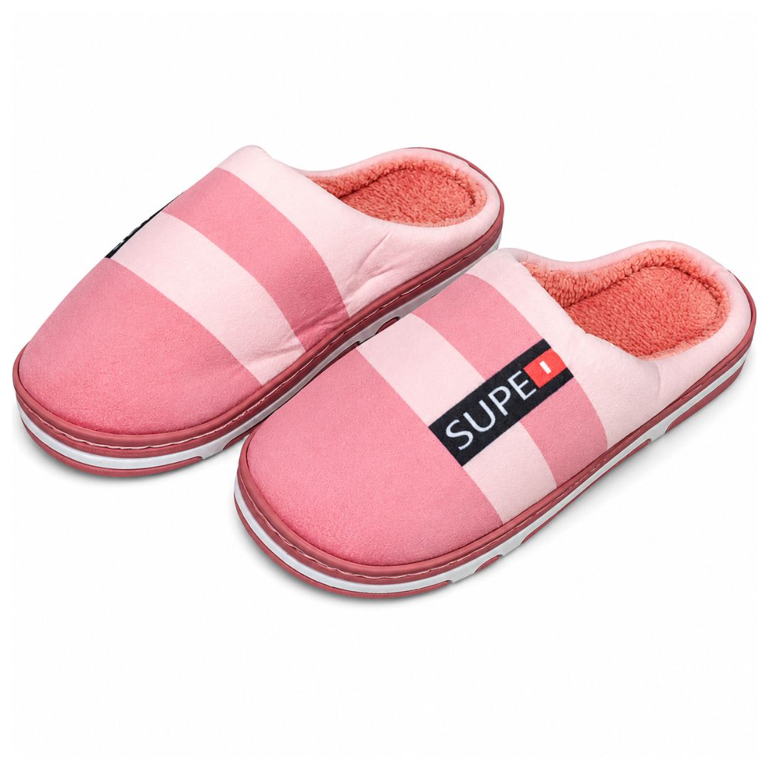 Pantufa Rosa Escuro Listrada Feminina Mãe Inverno Frio Quarto Comfort Quente Fleece
