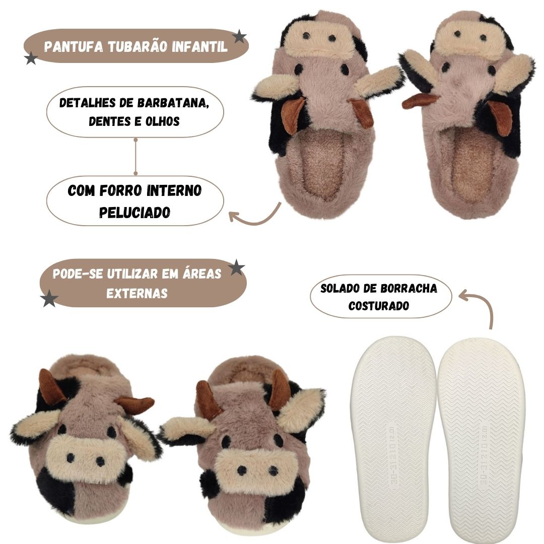 Pantufa Infantil Vaquinha Marrom Chinelo Unissex Frio Menino Pelucia Inverno Criança Fazenda Aconchegante Menina Antider - Imagem 2