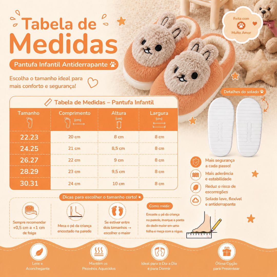 Pantufa Infantil Coelho Laranja Criança Quarto Frio Inverno Antiderrapante Pelucia Comfort Menino Menina - Imagem 5