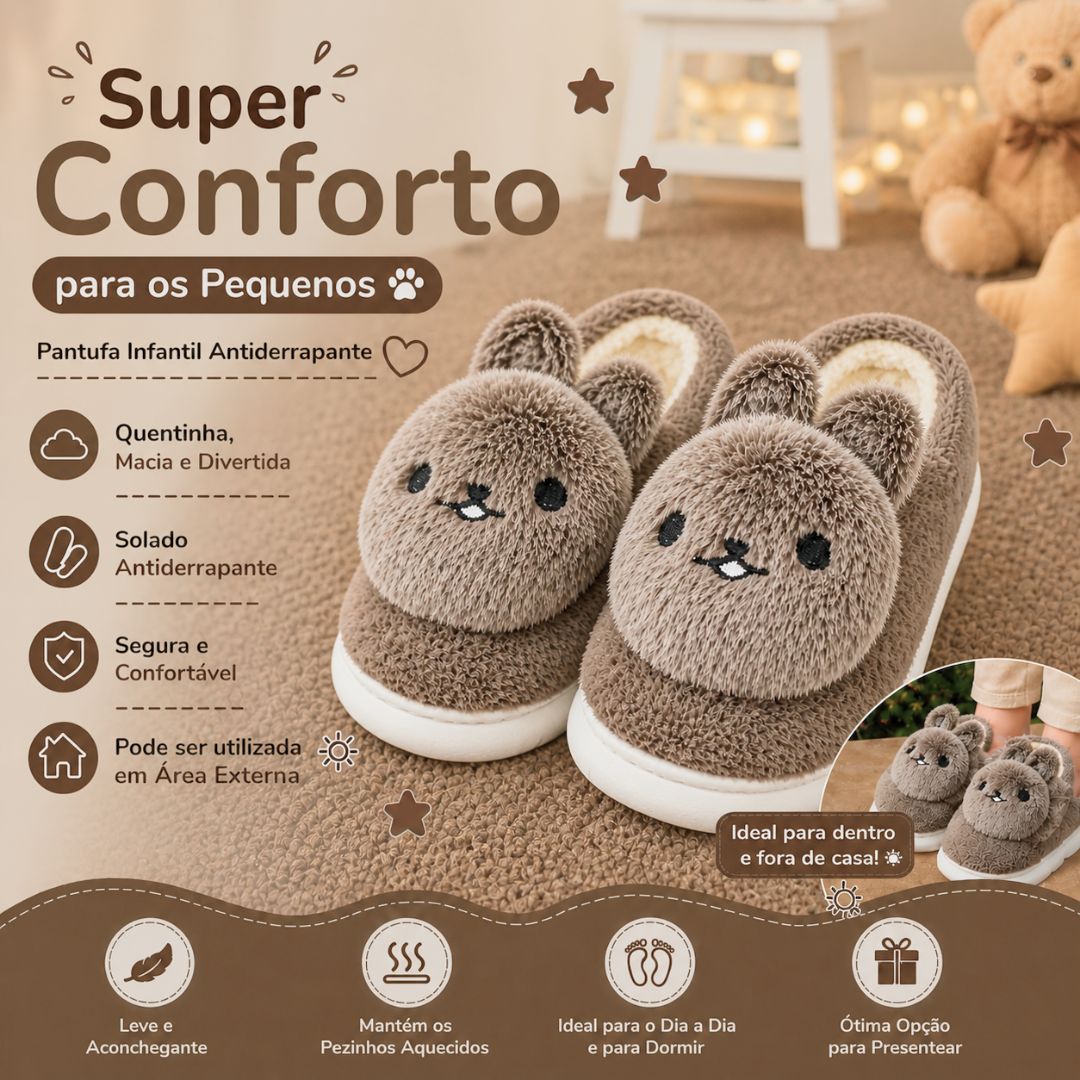 Pantufa Infantil Coelho Marrom Criança Quarto Frio Inverno Antiderrapante Pelucia Comfort Menino Menina - Imagem 2