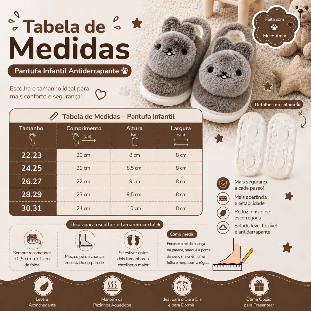 Pantufa Infantil Coelho Marrom Criança Quarto Frio Inverno Antiderrapante Pelucia Comfort Menino Menina - Imagem 5