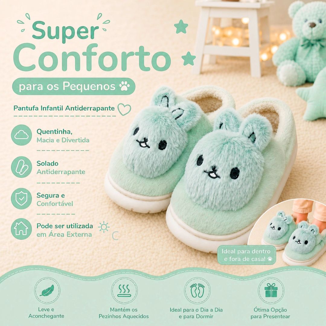 Pantufa Infantil Coelho Verde Criança Quarto Frio Inverno Antiderrapante Pelucia Comfort Menino Menina - Imagem 2