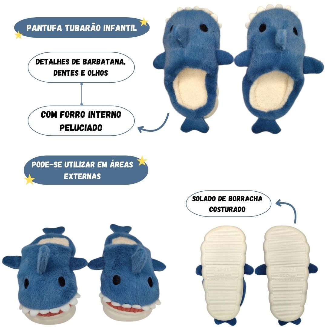 Chinelo Infantil Tubarão Azul Menino Inverno Frio Pelucia Quente Macia Criança Pantufa Antiderrapante Quarto Aconchegant - Imagem 2