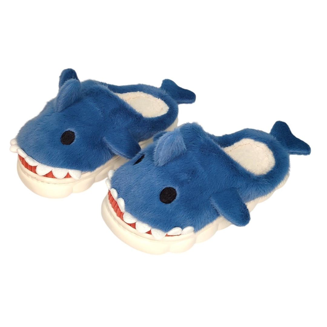 Chinelo Infantil Tubarão Azul Menino Inverno Frio Pelucia Quente Macia Criança Pantufa Antiderrapante Quarto Aconchegant