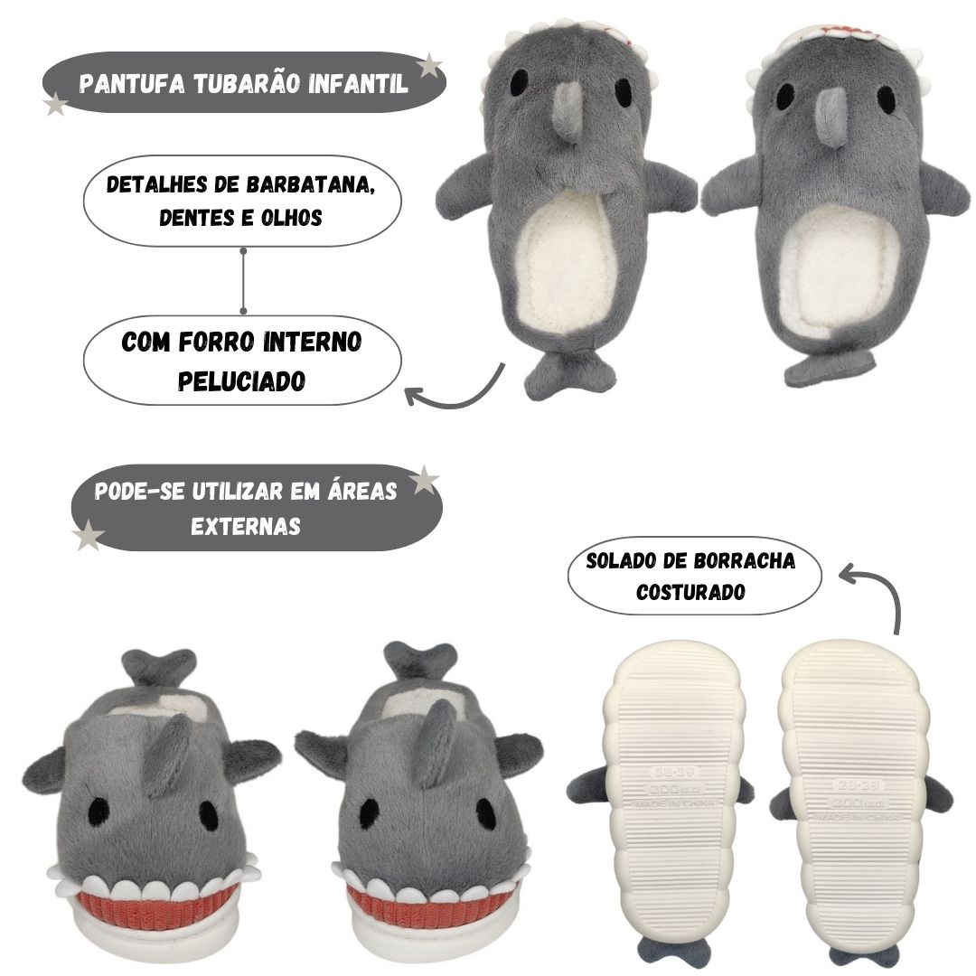 Chinelo Infantil Tubarão Cinza Escuro Menino Menina Inverno Frio Pelucia Quente Macia Criança Pantufa Antiderrapante Qua - Imagem 2