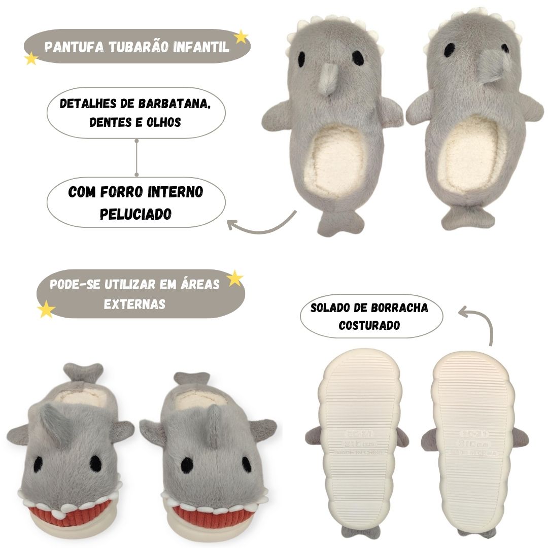 Chinelo Infantil Tubarão Cinza Menino Menina Inverno Frio Pelucia Quente Macia Criança Pantufa Antiderrapante Quarto Aco - Imagem 2
