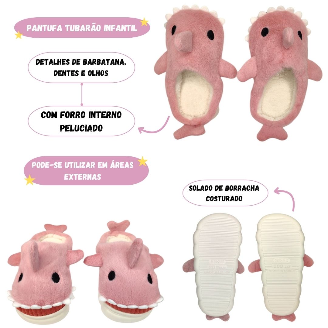 Chinelo Infantil Tubarão Rosa Menina Inverno Frio Pelucia Quente Macia Criança Pantufa Antiderrapante Quarto Aconchegant - Imagem 2